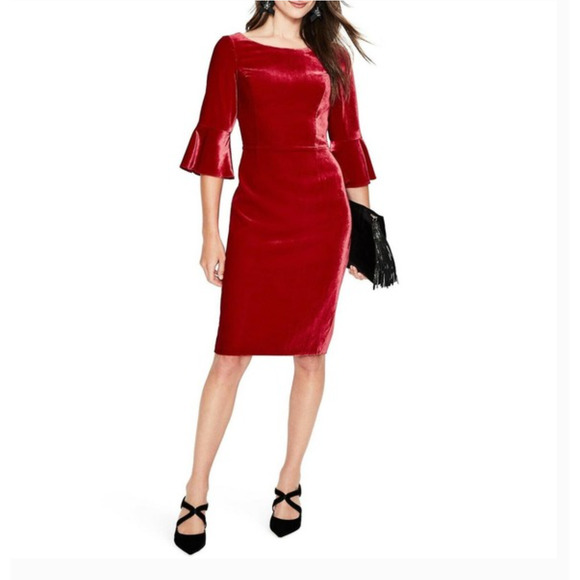 Boden Aubrey Red Silk Blend 3/4 Fluted Sleeve Velvet Sheath Dress Size 4 - Picture 10 of 10